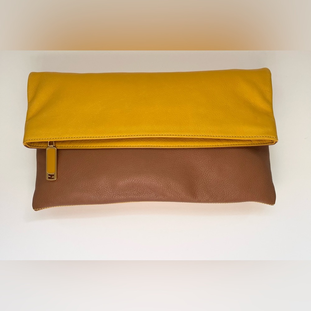 Fendi Lemon Yellow and Brown Vitello Leather Fold Over Clutch Bag (model 8BP062)